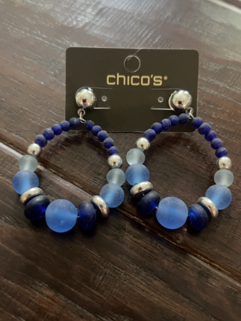 Chico’s Mary Blue Beaded Hoop Earrings Silver Tone NWT